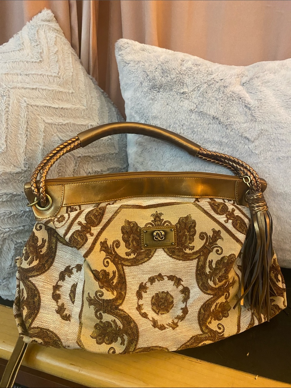 Sharif Gold and Cream Tapestry Shoulder Bag with Tassel
